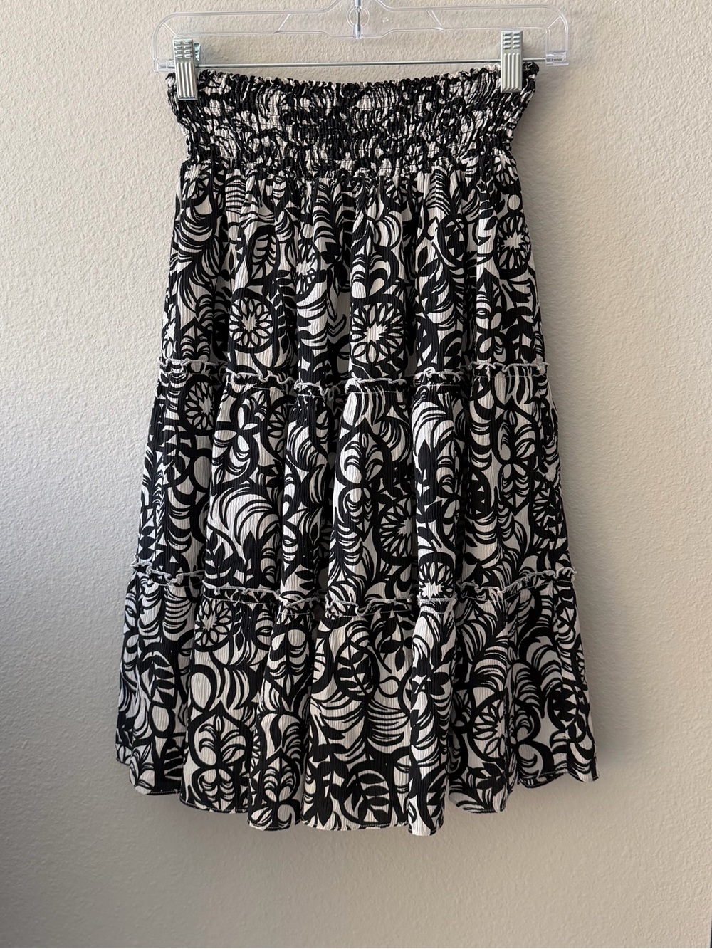 For The Republic Black and White Floral Tiered Silk Midi Skirt